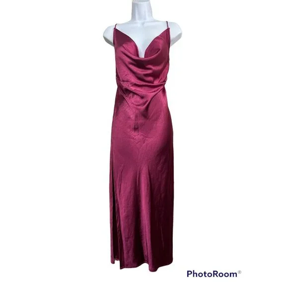 Bridesmaid Lioness Slip Dress 10 XL Magenta Cowl Neck Long Front Slit Sexy Maxi - Picture 2 of 11